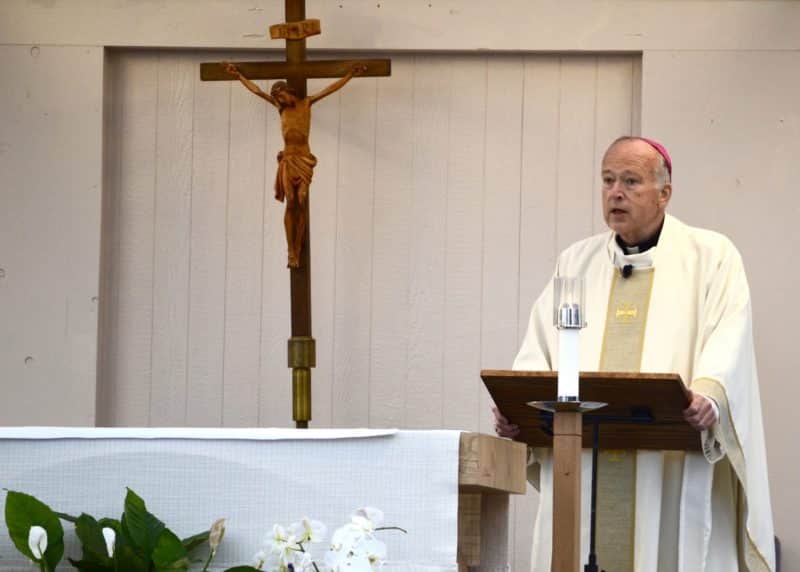 Bishop Robert W. McElroy of San Diego celebrates Mass at Good Shepherd Church April 15, 2021. His homily focused on racial healing, especially concerning the Asian American and Pacific Islander communities, which have been targeted by "hateful prejudice." (CNS photo/Aida Bustos, The Southern Cross)