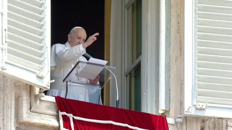 Pope Francis greets the crowd as he leads the Angelus from the window of his studio overlooking St. Peter's Square at the Vatican July 4, 2021. Afterward, the 84-year-old pope was admitted to Rome's Gemelli hospital for a prescheduled colon surgery. (CNS photo/Guglielmo Mangiapane, Reuters)