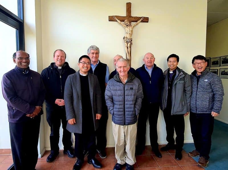 (From left) New Holy Cross Seminary rector Fr Matthew Vadakkevettuvazhiyil, Fr Tony King-Archer (Auckland), Fr Trung Nguyen (Palmerston North), current Holy Cross Seminary rector Fr Brendan Ward, Br Mark McKeon (front - human formator Holy Cross Seminary), Fr Joe Stack (back, Hamilton), Fr David Dowling (new formator), Fr Tien Cao (Christchurch), Fr Andrew Kim (Wellington) .