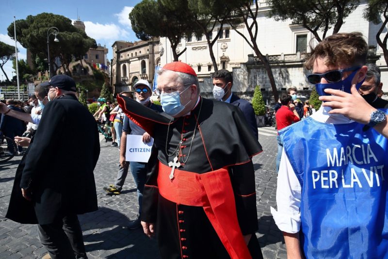 U.S. Cardinal Raymond L. Burke, wearing a protective mask, attends the 10th March for Life in Rome May 22, 2021. Cardinal Burke says he has tested positive for COVID-19. (CNS photo/Grzegorz Galazka)