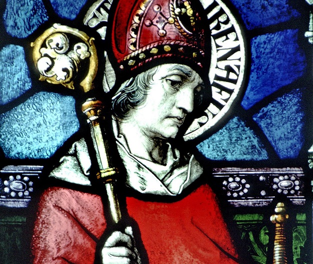 The likeness of St. Irenaeus of Lyon is pictured in a stained-glass window at the Basilica of Our Lady Immaculate in Guelph, Ontario. During an Oct. 7, 2021, meeting with members of the St. Irenaeus Joint Orthodox-Catholic Working Group, Pope Francis said he will soon declare St. Irenaeus a doctor of the church. (CNS photo/The Crosiers)