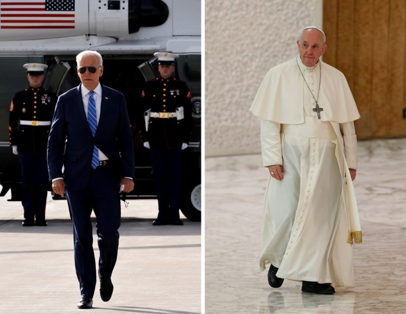President Joe Biden and Pope Francis are seen in this composite photo. The White House announced Oct. 14, 20201, that the two will meet at the Vatican Oct. 29. (CNS composite; photos by Jonathan Ernst, Reuters, and Paul Haring)