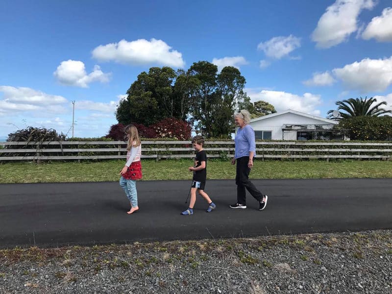 Frances Chaplow from Mangatarata, Ngatea, walks with children of a friend