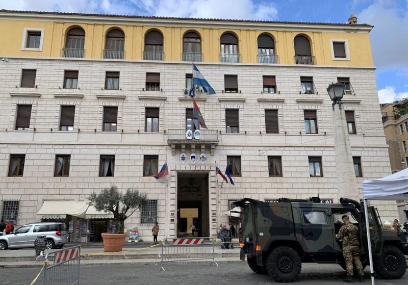 An Italian military vehicle and soldier performing regular guard duties are seen outside the building housing the Russian Embassy to the Holy See and other embassies on Via della Conciliazione, the main road leading to the Vatican, Feb. 25, 2022. Pope Francis visited the Russian Embassy to the Holy See in the morning the same day to express his concern about the war in Ukraine. (CNS photo/Cindy Wooden)