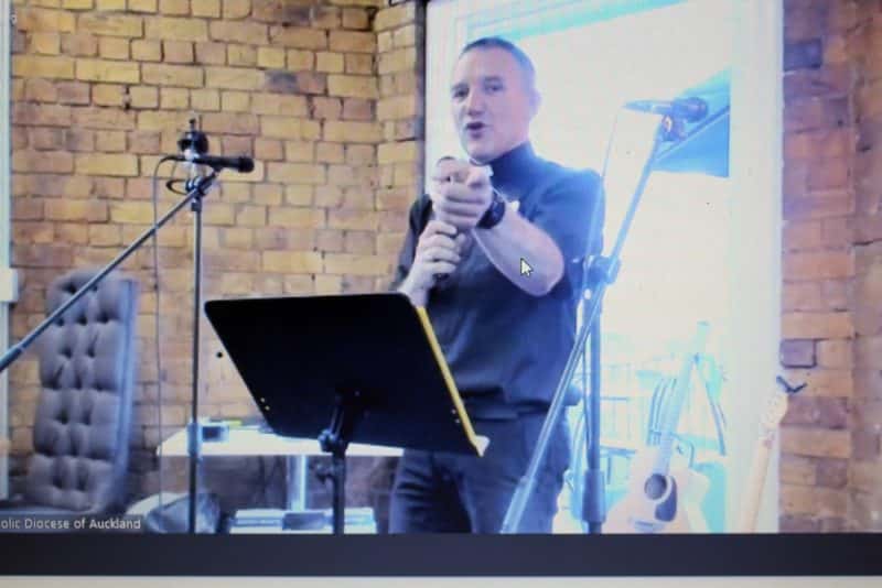 A screen shot of Bishop Michael Gielen during his talk.