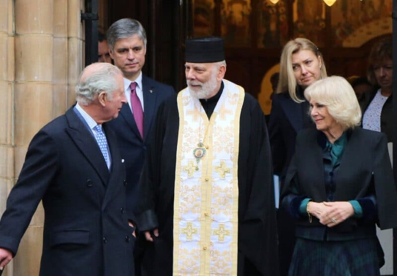 Britain's Prince Charles and his wife, Camilla, the Duchess of Cornwall, leave the Ukrainian Catholic Cathedral in London March 2, 2022, with Canadian-born Bishop Kenneth Nowakowski of the Ukrainian Catholic Eparchy of the Holy Family. Prince Charles asked to visit the cathedral to show his solidarity with the Ukrainian people at war with Russia and to discuss ways in which he could better assist in the emerging humanitarian crisis. (CNS photo/Simon Caldwell)