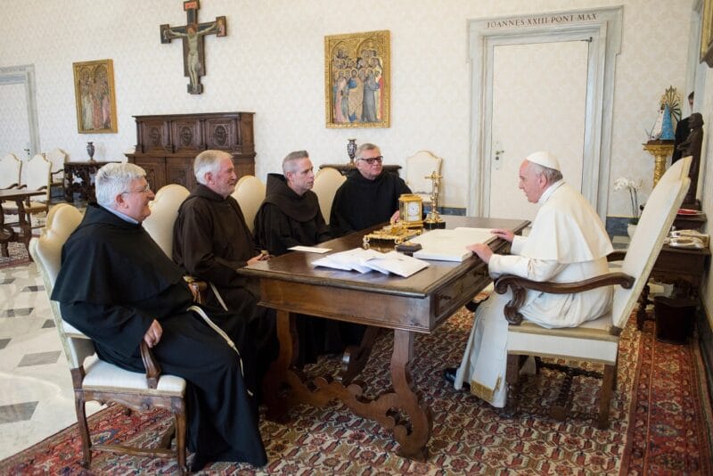 Pope Francis meets with the superiors of the four main men's branches of the Franciscan family at the Vatican in this April 10, 2017, file photo. The pope has decided that in some cases religious orders made up of both priests and brothers can elect one of the brothers to be a provincial superior or even the superior general. From left are Marco Tasca, then-minister general of the Conventual Franciscans; Mauro Johri, then-minister general of the Capuchins; Fathers Michael Perry, then-minister general of the Order of Friars Minor; and Nicholas Polichnowski, then-minister general of the Third Order Regulars. (CNS photo/Vatican Media)