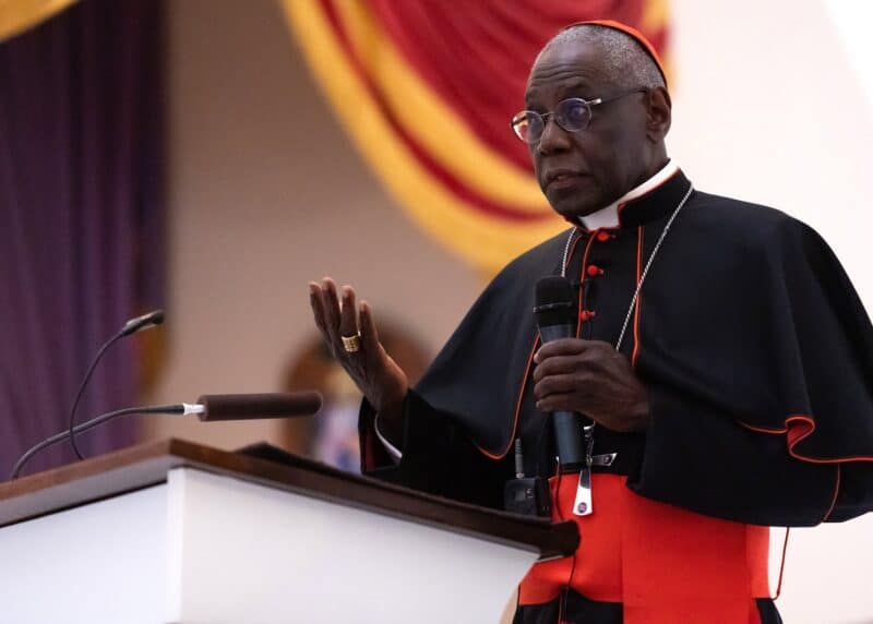 Guinean Cardinal Robert Sarah answers questions in Baltimore May 15, 2022, following his talk as part of the closing celebration for the 200th anniversary of the Basilica of the National Shrine of the Assumption of the Blessed Virgin Mary. (CNS photo/Kevin J. Parks, Catholic Review)
