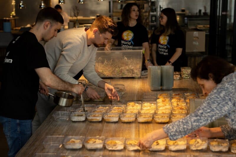 World Central Kitchen's volunteers prepare meals in Dnipro, Ukraine, May 14, 2022, to distribute among internally displaced people during Russia's invasion of Ukraine. (CNS photo/Jorge Silva, Reuters)