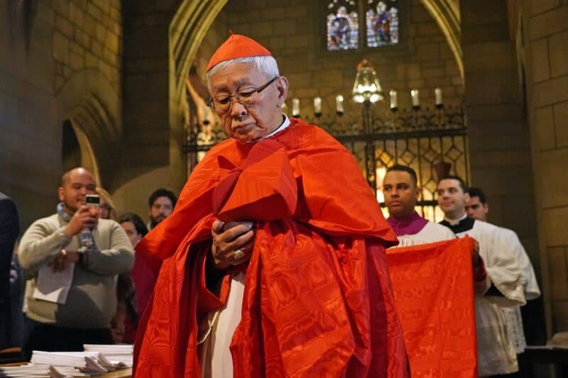 Cardinal Joseph Zen Ze-kiun, retired bishop of Hong Kong, processes prior to celebrating a pontifical high Mass Feb. 15, 2020, at St. Vincent Ferrer Church in New York City. Cardinal Zen, a trustee of a relief fund paying protesters' legal bills, was detained by National Security Police May 11, 2022. (CNS photo/Gregory A. Shemitz)