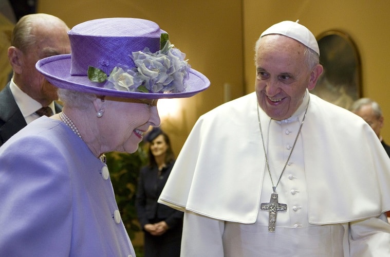 Britain's Queen Elizabeth II talks with Pope Francis during a meeting at the Vatican in this April 3, 2014, file photo. The pope sent well-wishes to the queen on the occasion of her Platinum Jubilee celebration marking 70 years on the throne. (CNS photo/Maria Grazia Picciarella, pool)