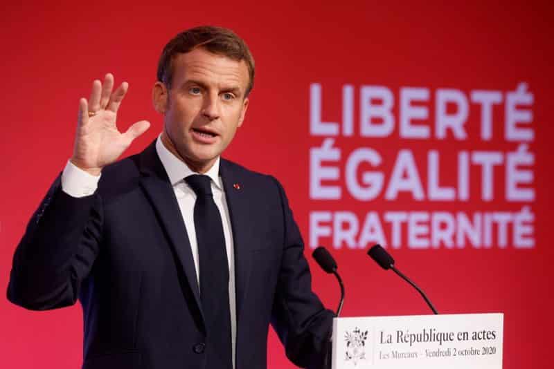 French President Emmanuel Macron delivers a speech in Les Mureaux Oct. 2, 2020, to present his strategy to fight separatism. The head of French bishops' conference testified Jan. 4 that while he understands the need to strengthen national security, a proposed law designed to rein in extremist militancy would place religions and religious believers under particular surveillance. (CNS photo/Ludovic Marin, pool via Reuters)