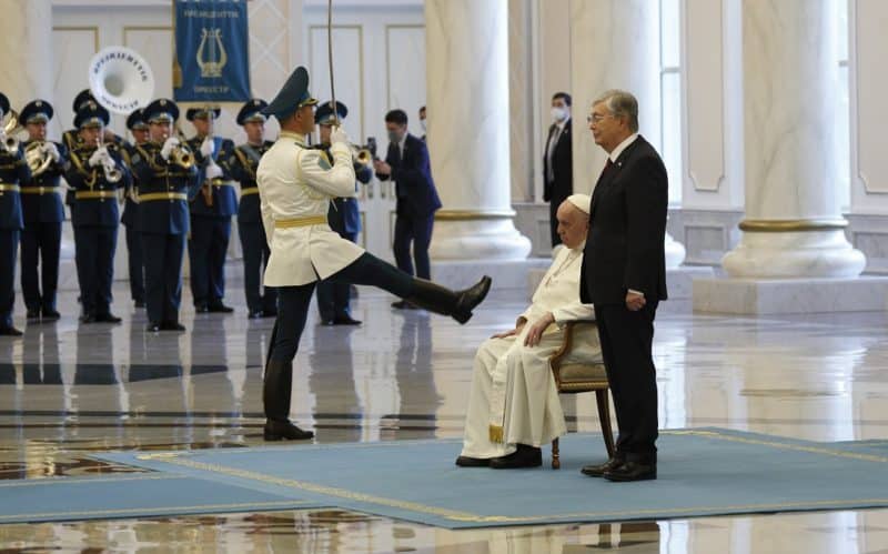 Pope Francis and President Kassym-Jomart Tokayev attend a welcoming ceremony at the presidential palace in Nur-Sultan, Kazakhstan, Sept. 13, 2022. The pope is attending the Congress of Leaders of World and Traditional Religions in Nur-Sultan. (CNS photo/Paul Haring)