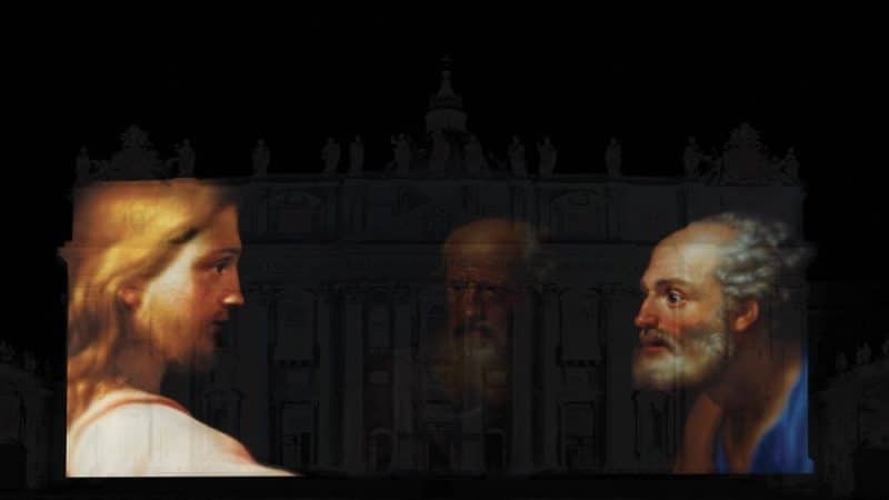An artistic rendition shows a scene from an eight-minute film on the life and discipleship of St. Peter that will be projected onto the facade of St. Peter's Basilica. The short film, in Italian with English subtitles, will be shown every 15 minutes from 9 p.m. to 11 p.m. Oct. 2-16. (CNS photo/Basilica of St. Peter)