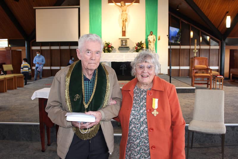 Hibernian Catholic Benefit Society St Peter Chanel branch president Leo Neal with 
Colleen Petricevich