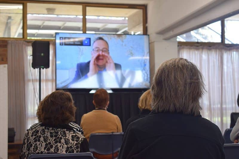 David Wells appears via a video link at the Mission Map Momentum meeting in Takapuna on October 15.