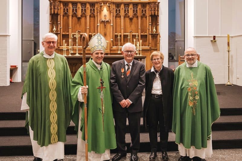 From left: Fr Tim Duckworth SM, Bishop Michael Gielen, Mr Geoff Bailey, Mrs Gillian Bailey and Fr Rick Loughnan 
(Photo: Sarah Blair Photographer) 