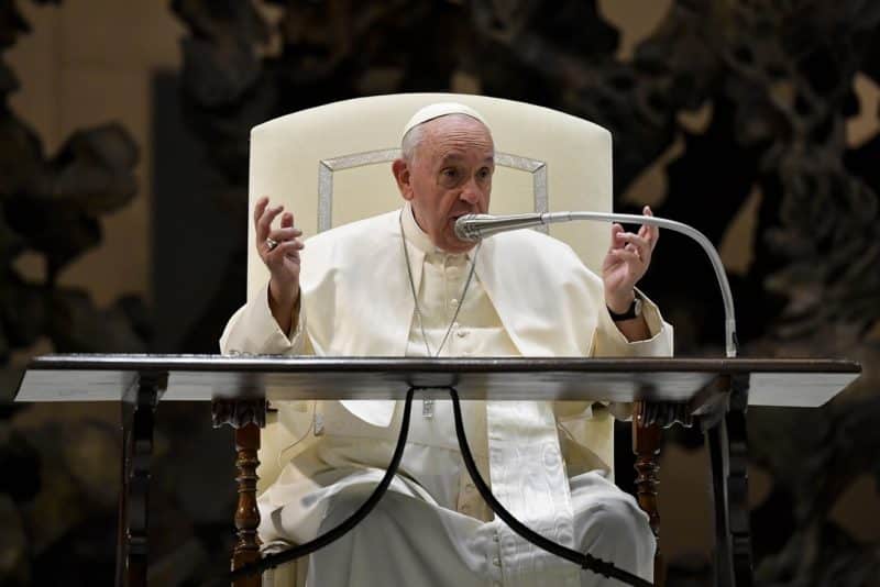 Pope Francis responds to questions during a meeting at the Vatican with hundreds of seminarians and priests studying in Rome, Oct. 24, 2022. (CNS photo/Vatican Media)