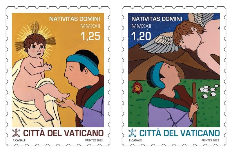These two Vatican Christmas stamps were painted by Francesco Canale, an artist born without arms or legs who paints holding a brush between his teeth. The Christmas stamps will go on sale at the Vatican post office Nov. 16, 2022. (CNS photo/Vatican Philatelic Office)