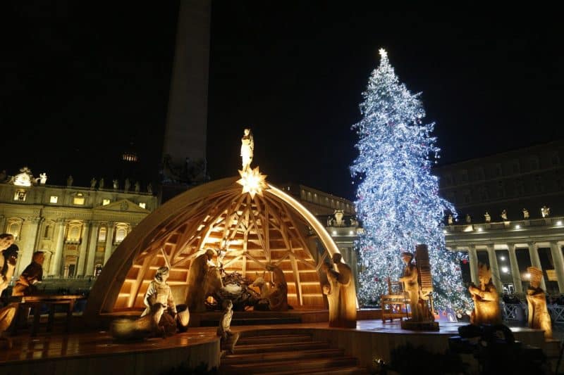 The Nativity scene and Christmas tree decorate St. Peter's Square after a lighting ceremony at the Vatican Dec. 3, 2022. (CNS photo/Paul Haring)