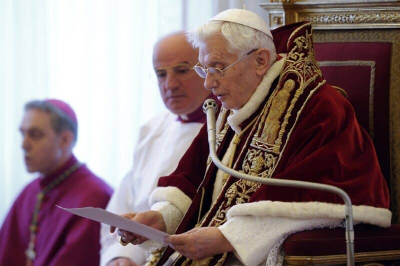 Pope Benedict XVI reads his resignation in Latin to a meeting of cardinals at the Vatican Feb. 11, 2013. (CNS photo/Vatican Media)