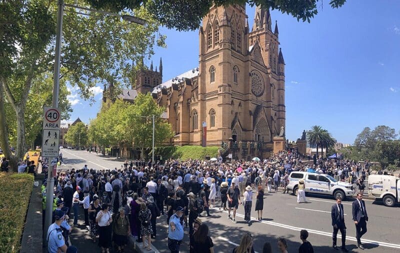 The crowd arrives for the funeral Mass of Australian Cardinal George Pell at St. Mary's Cathedral in Sydney Feb. 2, 2023. Cardinal Pell, former prefect of the Vatican's Secretariat for the Economy, died Jan. 10 in Rome at the age of 81. (OSV News photo/Giovanni Portelli, The Catholic Weekly)