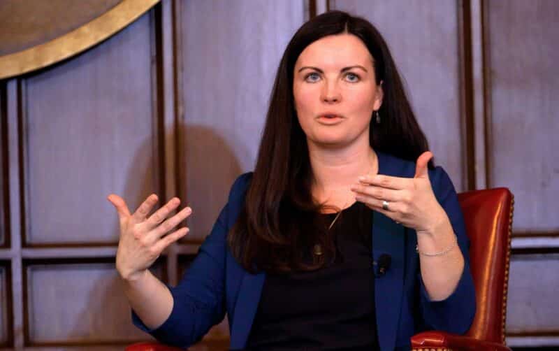 Abigail Favale, author of "The Genesis of Gender" and a professor at the McGrath Institute for Church Life at the University of Notre Dame in Indiana, speaks at The Catholic University of America in Washington March 21, 2023. (OSV News photo/Rui Barros, The Catholic University of America)