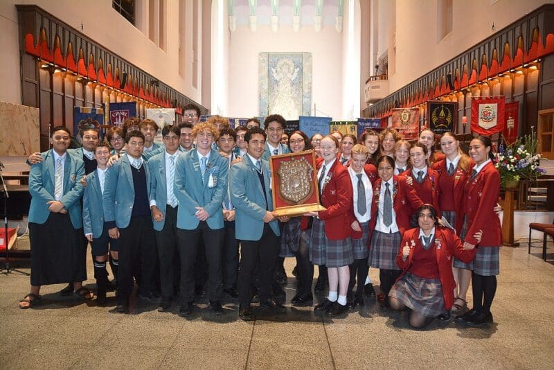 The Sacred Heart College and St Patrick’s College teams with the O’Shea Shield (Photo: St Mary’s College)
