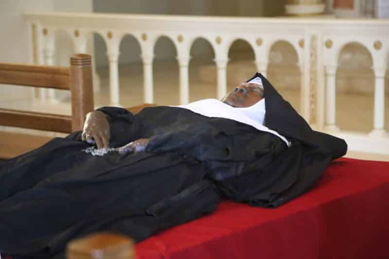 The exhumed body of Sister Mary Wilhelmina Lancaster, foundress of the Benedictines of Mary, Queen of Apostles, lies in repose in the church at the Abbey of Our Lady of Ephesus in Gower, Mo., May 21, 2023. (OSV News photo/Megan Marley)