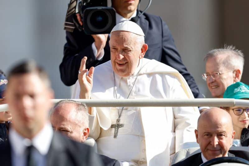 Pope Francis greets visitors from the popemobile as he rides around St. Peter's Square at the Vatican before his weekly general audience June 7, 2023. The Vatican announced the pope would be going to Rome's Gemelli hospital that afternoon for surgery for an "incisional laparocele" or hernia. (CNS photo/Lola Gomez)