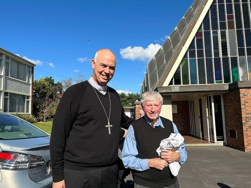 Wellington Archbishop Paul Martin, SM thanks Dunedin Emeritus Bishop Colin Campbell for helping at the Holy Cross Seminary.