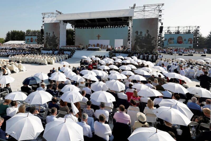 Thousands attend the Sept. 10, 2023, beatification Mass of the Ulma family, who were martyred in Markowa, Poland, for sheltering Jews under German occupation during World War II. Józef and Wiktoria and their seven children were proclaimed "Blessed" by Cardinal Marcello Semeraro, papal envoy, who concelebrated the Mass in Markowa. The Ulmas' seventh child was born as Wiktoria was executed. (OSV News photo/Patryk Ogorzalek/Agencja Wyborcza.pl via Reuters)