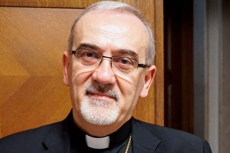 Cardinal Pierbattista Pizzaballa, the Latin patriarch of Jerusalem, poses for a photo while speaking to reporters at the Vatican Sept. 28, 2023. (CNS photo/Carol Glatz)