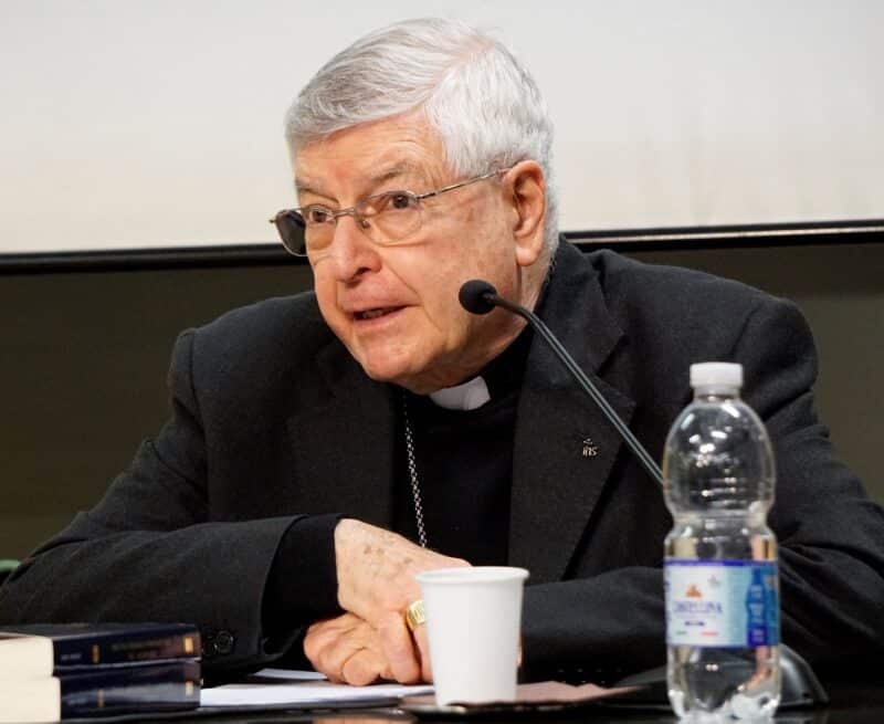 Cardinal Gianfranco Ghirlanda speaks to reporters at the Vatican Feb. 20, 2023, about the release of a two-volume book on the theology of the priesthood and the need to promote a better understanding of priesthood in a "synodal" church. (CNS photo/Justin McLellan)
