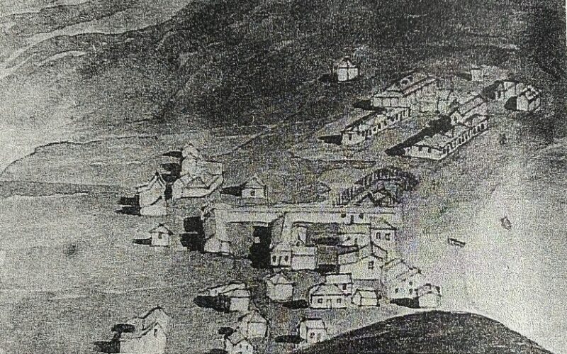 A photo of a watercolour done by Charles Pharazyn of the Catholic mission compound at Kororareka in 1843.