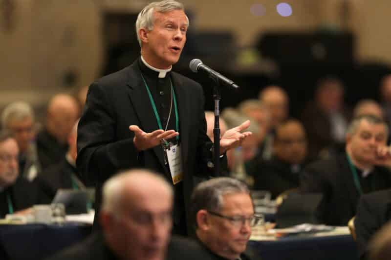 File photo of Bishop Joseph E. Strickland of Tyler, Texas, speaking from the floor during the fall general assembly of the U.S. Conference of Catholic Bishops in Baltimore Nov. 11, 2019. The Holy See Press Office announced Nov. 11, 2023, that Pope Francis has removed Bishop Strickland from the pastoral governance of the Diocese of Tyler. (OSV News photo/CNS file photo, Bob Roller)